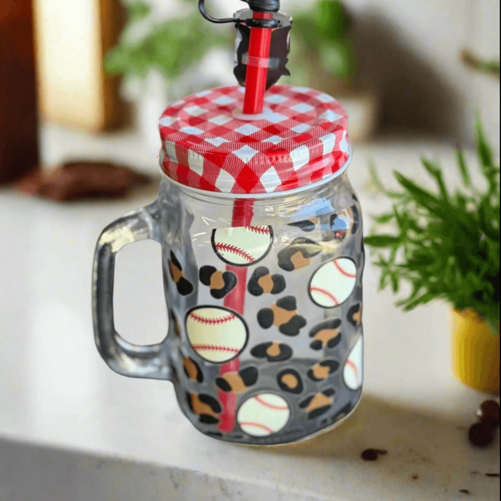 Leopard Baseball Handmade‎ Mason Jar with Red Lid